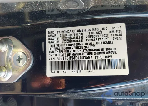 2013 Honda Crosstour Ex-L из США, поврежденный, VIN 5J6TF3H54DL001597